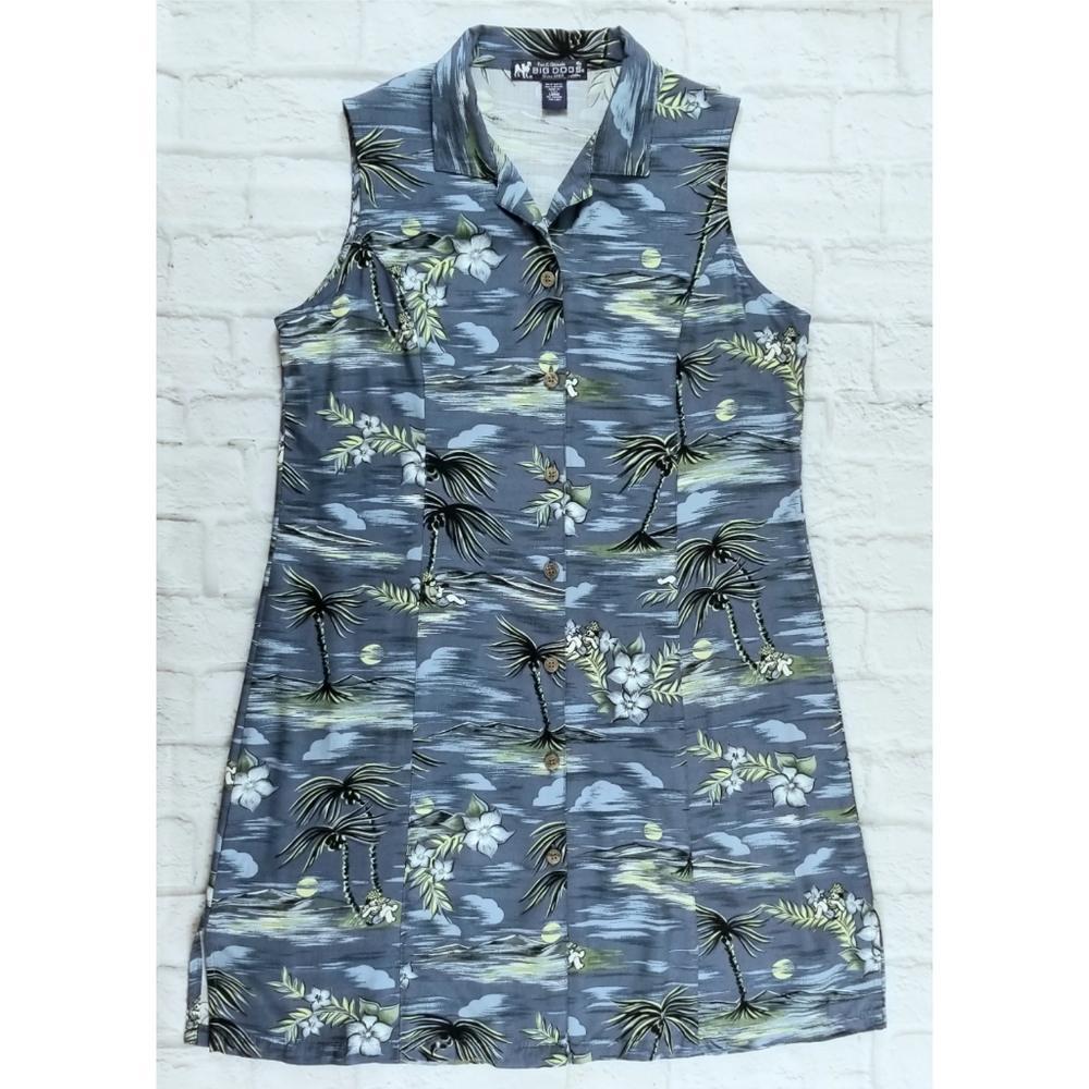 Sz L Big Dogs Tropical Hawaiian Print Button Down Shirt Dress